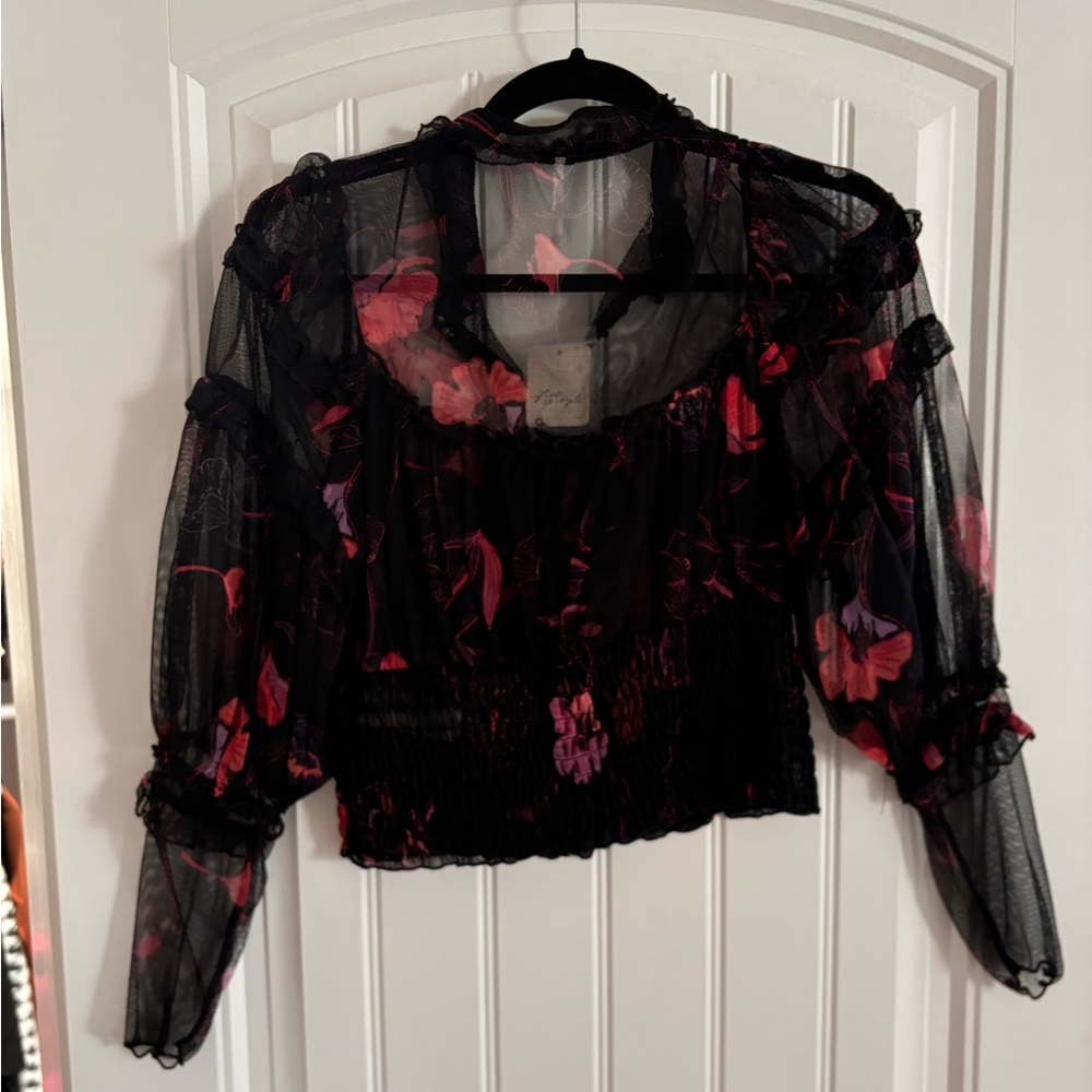 Free People Sheer Floral Banded Waist Top